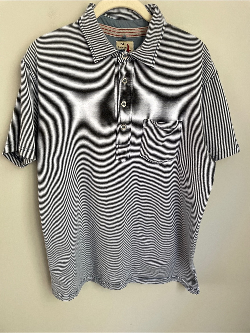 Relwen Men's Short Sleeve Blue Striped Cotton Blend Polo Shirt Size Medium